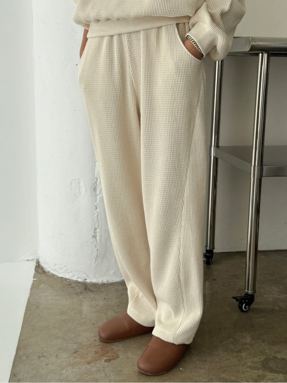 Women's Cream Waffle Knit Relaxed Joggers